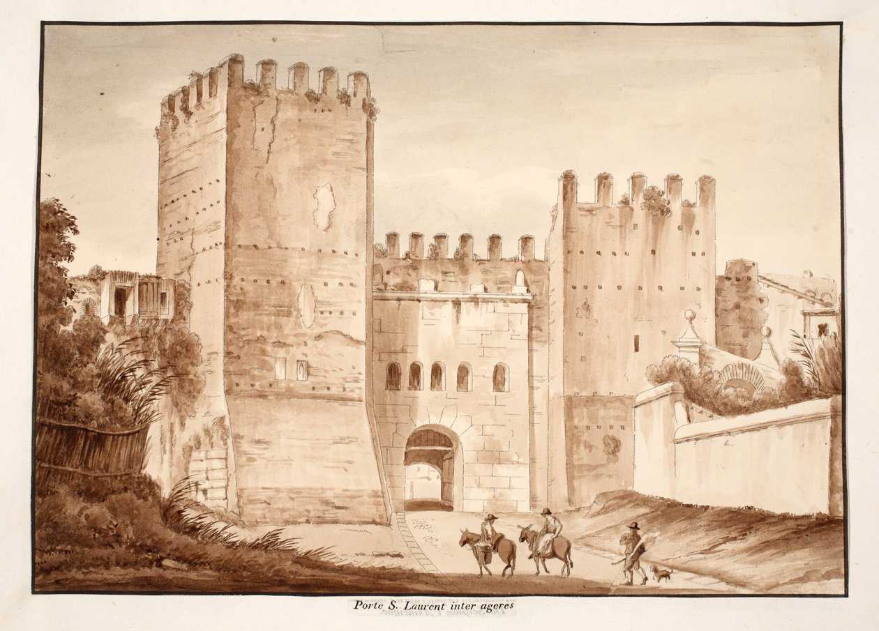 A Porta San Lorenzo, inter ageres, 1833 (rézkarc barna mosással) alkotó: Agostino Tofanelli