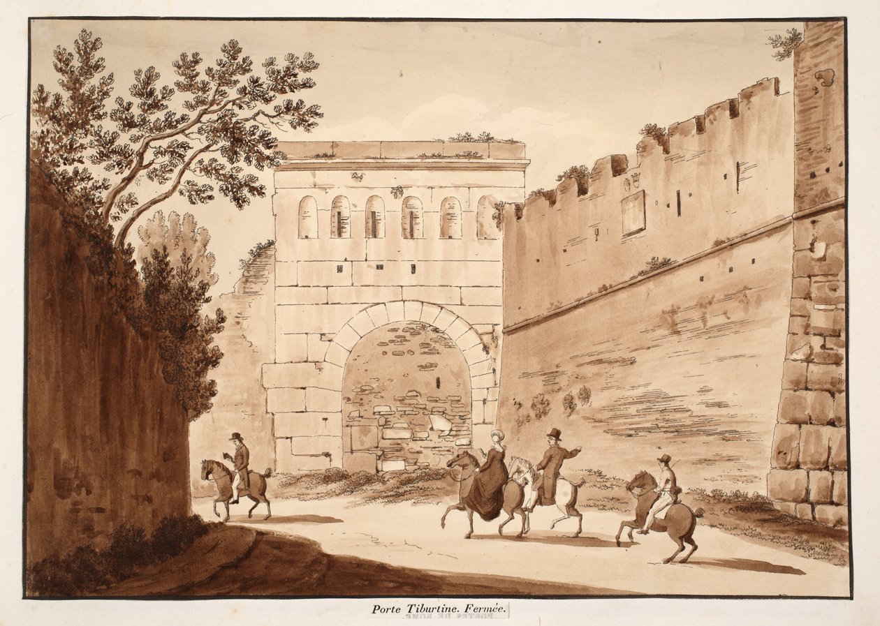 A Porta Tiburtina, zárva, 1833 (rézkarc barna mosással) alkotó: Agostino Tofanelli