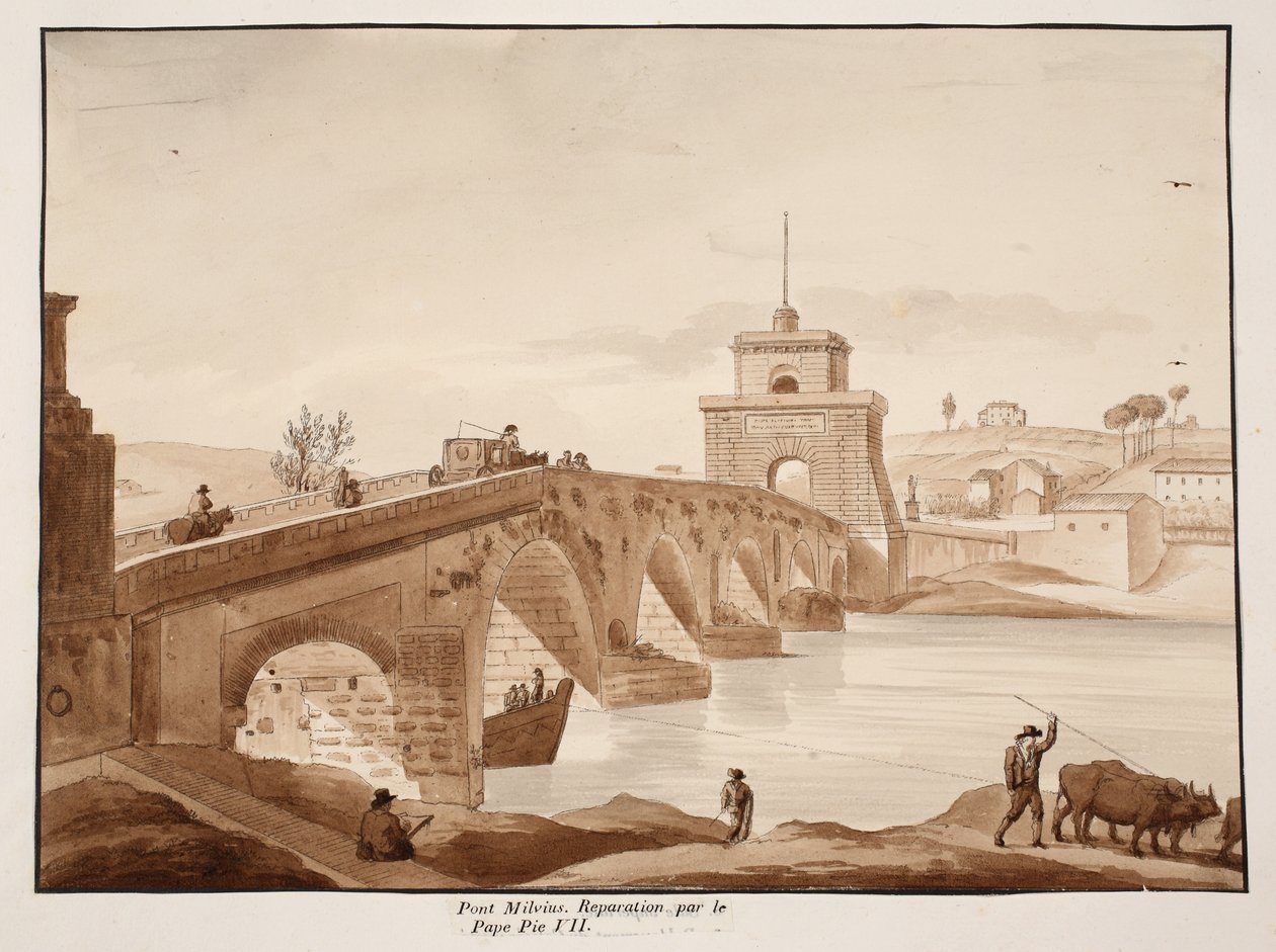 A Ponte Milvio restaurálása VII. Pius pápa által, 1833 (rézkarc barna mosással) alkotó: Agostino Tofanelli