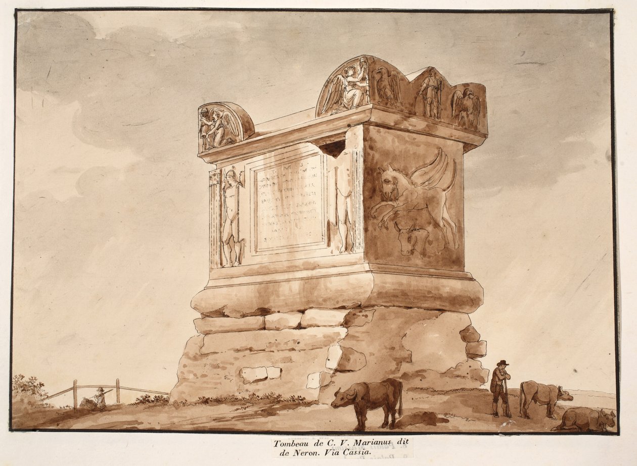 C.V. sírja Marianus, más néven Néró sírja. Via Cassia, 1833 (rézkarc barna mosással) alkotó: Agostino Tofanelli