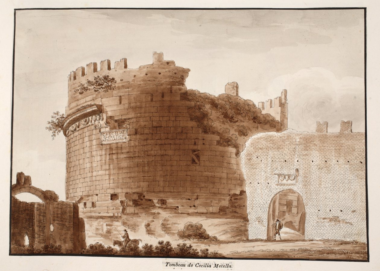 Cecilia Metella sírja, 1833 (barna mosással készült rézkarc) alkotó: Agostino Tofanelli