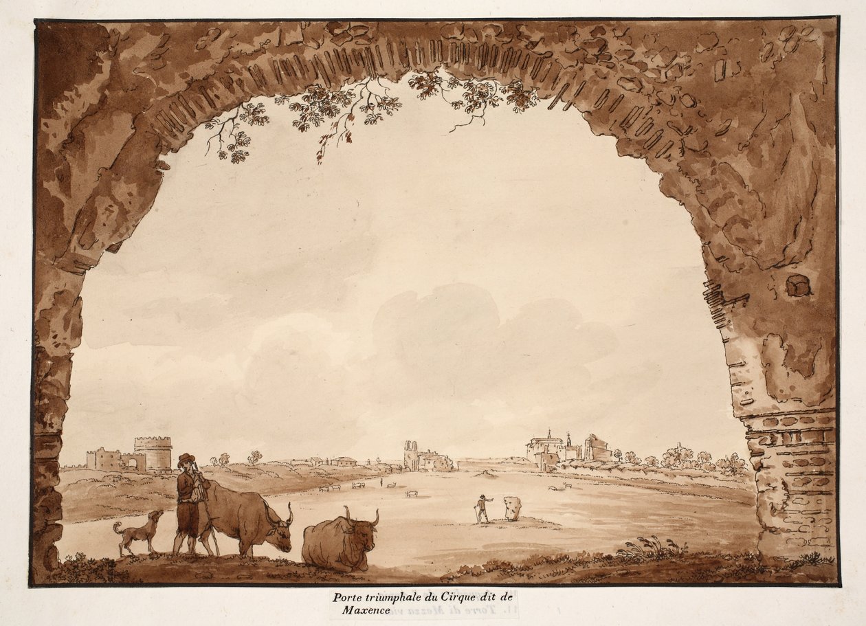 A Maxentius-cirkusz diadalíve, 1833 (barna mosással készült rézkarc) alkotó: Agostino Tofanelli