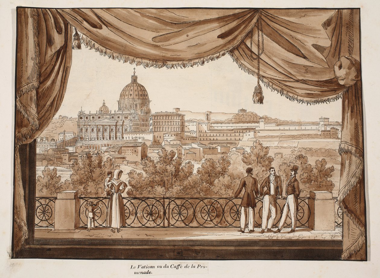 A Vatikán a Caffe de la Promenade felől nézve, 1833 (barna mosású rézkarc) alkotó: Agostino Tofanelli