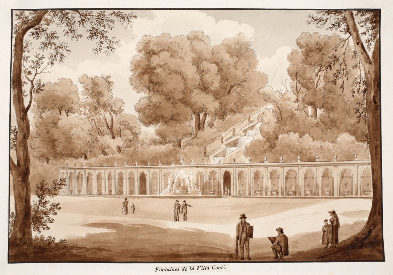 A Villa Conti szökőkutak, 1833 (barna mosással készült rézkarc) alkotó: Agostino Tofanelli