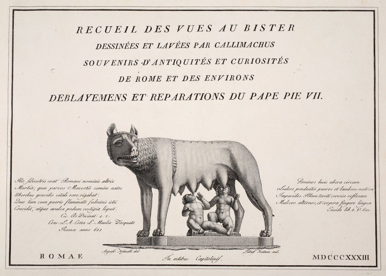 Címlap: „Callimachus által rajzolt és mosott nézetgyűjtemény, Róma és környéke régiségeinek és érdekességeinek emléktárgyai, Deblayements et reparations du Pope Pie VII”, 1833 (engravi alkotó: Agostino Tofanelli