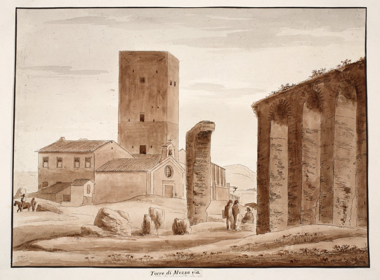 Torre di Mezza via, 1833 (rézkarc barna mosással) alkotó: Agostino Tofanelli
