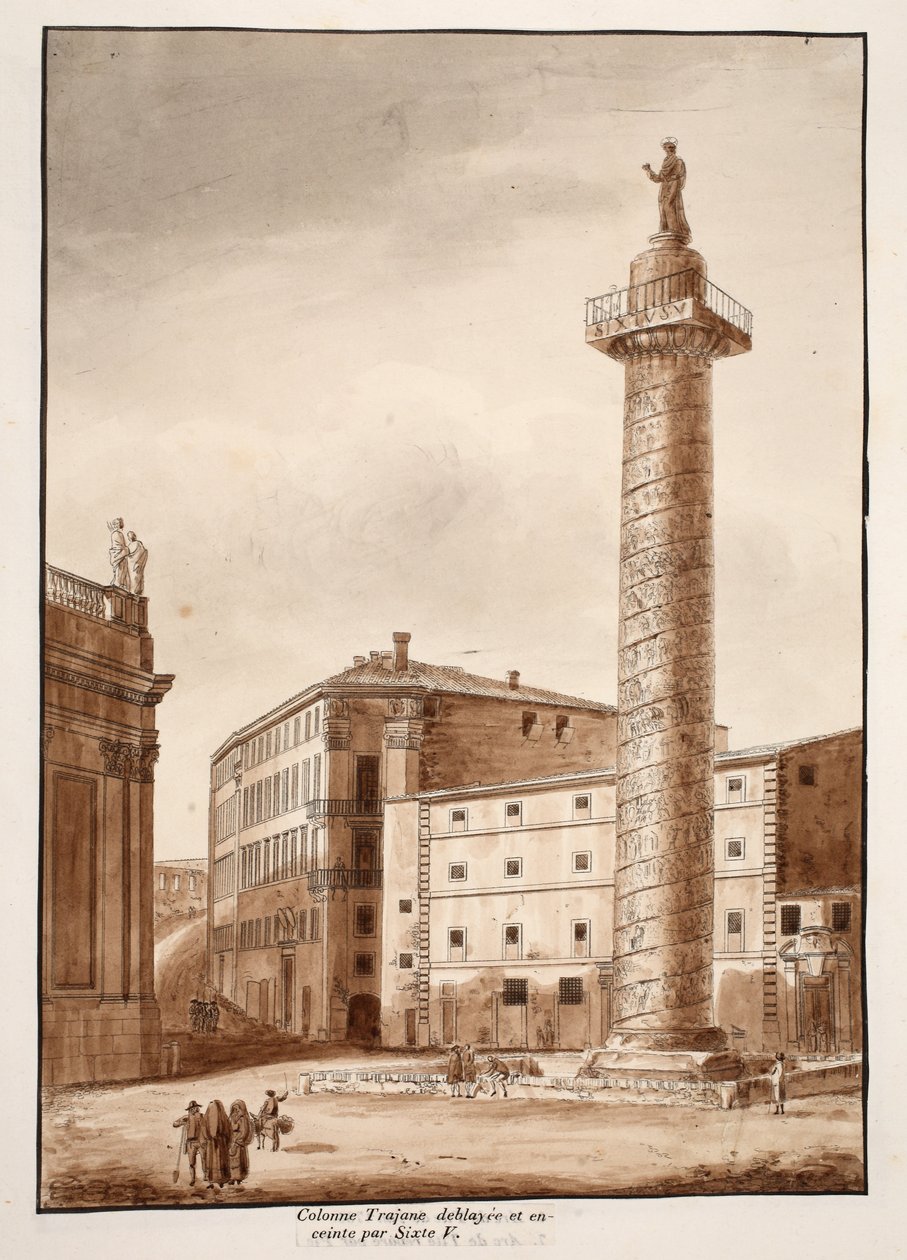 Traianus-oszlop, V. Sixtus kitakarította és elkerítette, 1833 (barna mosású rézkarc) alkotó: Agostino Tofanelli