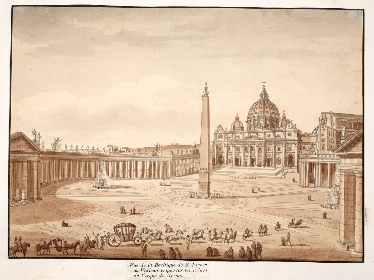 A Néró-cirkusz romjain épült vatikáni Szent Péter-bazilika látképe, 1833 (barna mosású rézkarc) alkotó: Agostino Tofanelli