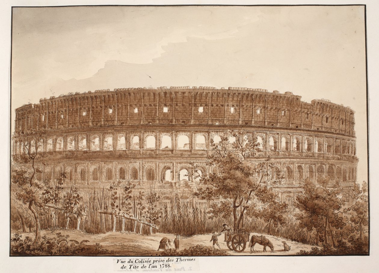 A Colosseum látképe a Titusfürdőből, 1788-ban, 1833 (metszet, barna mázolással) alkotó: Agostino Tofanelli