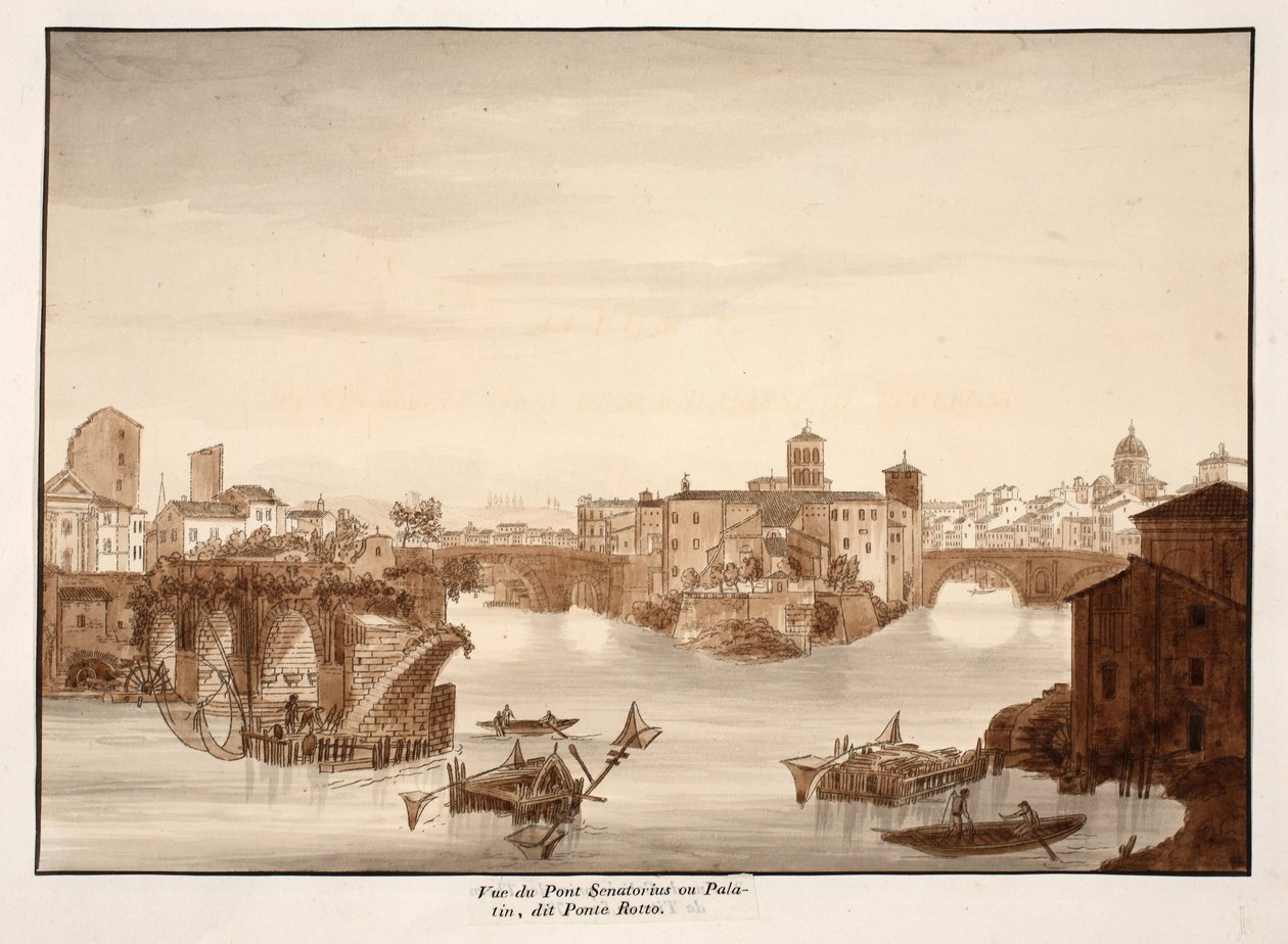 A Palatinus vagy Senatorius híd, más néven Ponte Rotto látképe, 1833 (metszet, barna mosás) alkotó: Agostino Tofanelli