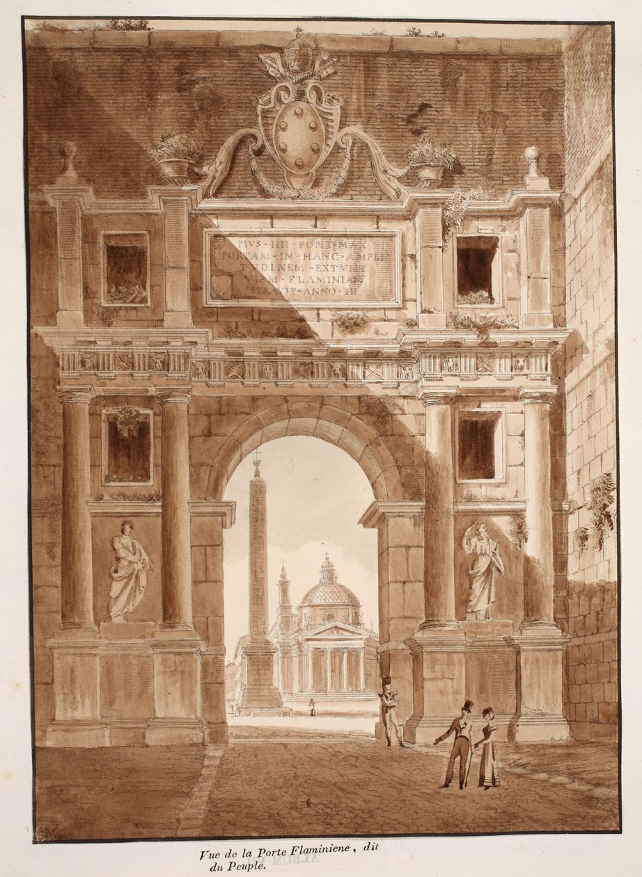 A Porta Flaminia, vagy Porta del Popolo látképe, 1833 (metszet barna mosással) alkotó: Agostino Tofanelli