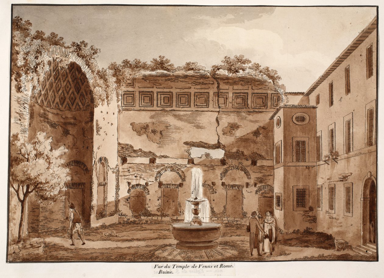 Kilátás a Vénusz-templomra és Rómára, romok, 1833 (rézkarc barna mosással) alkotó: Agostino Tofanelli