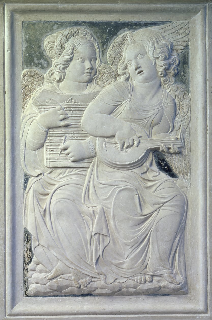 Két puttó az Isotta degli Atti kápolna zenélő angyalainak frízéről, 1450 körül (márvány) alkotó: Agostino di Duccio