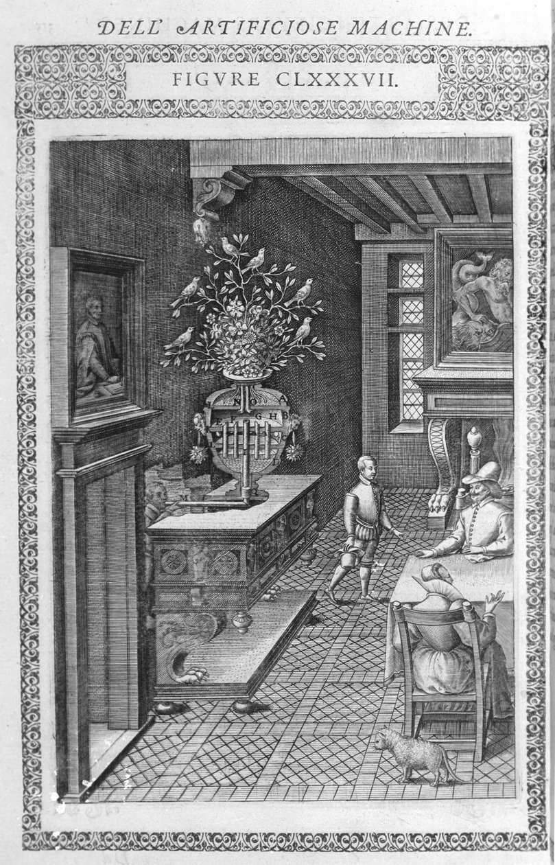 Szökőkút hamis madarak énekével. Ez Agostino Ramelli projektje a „Diverse and Artificosis Machine” szerint”. Milánó 1600. alkotó: Agostino (after) Ramelli