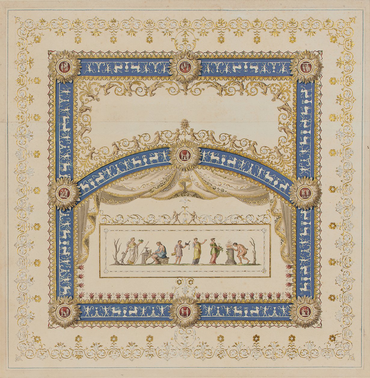 Ceiling designs in the Antique manner, with central scenes of the gods in friezes alkotó: Agostino (attr.) Brunias