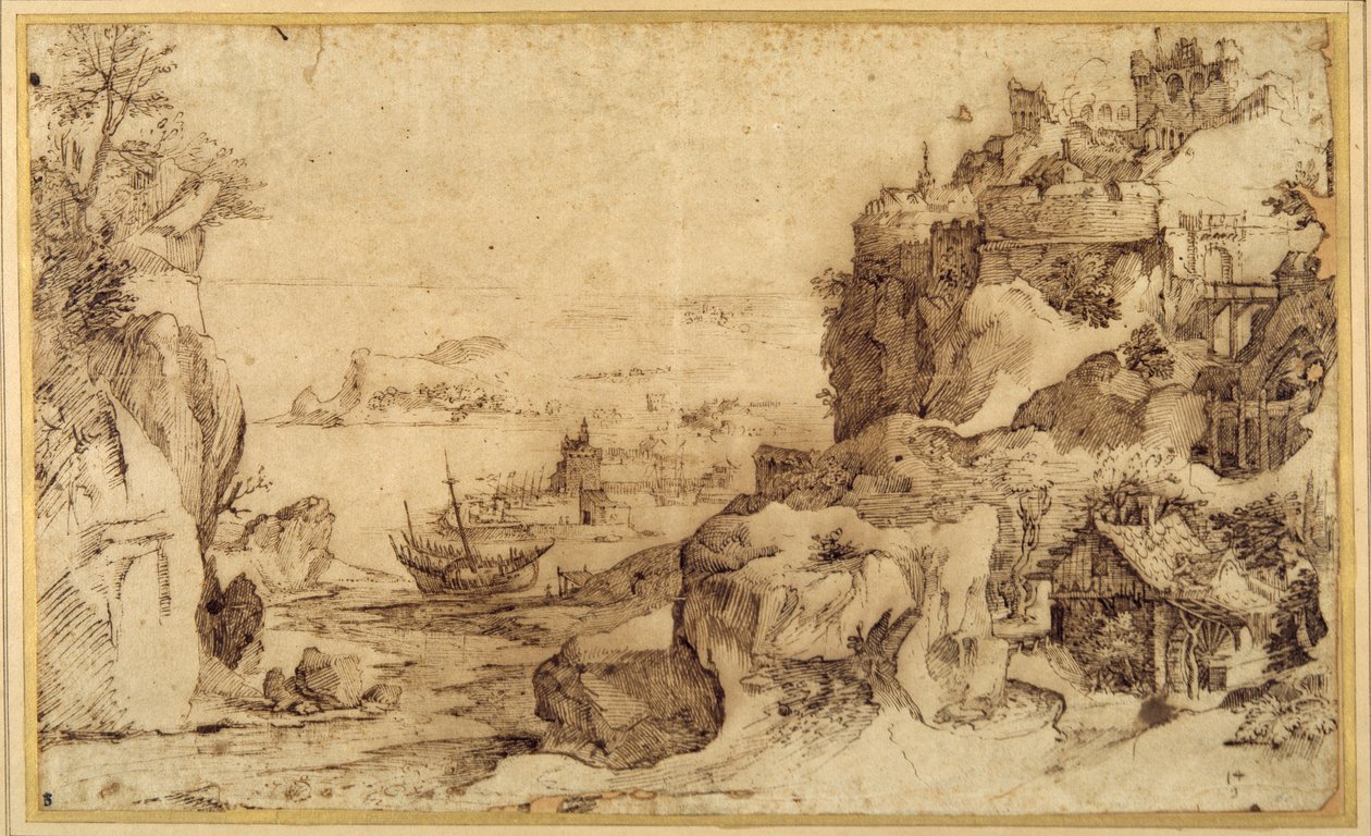 Lefelé nézet egy megerősített kikötőre (toll és barna tinta papíron) alkotó: Agostino (attr. to) Carracci