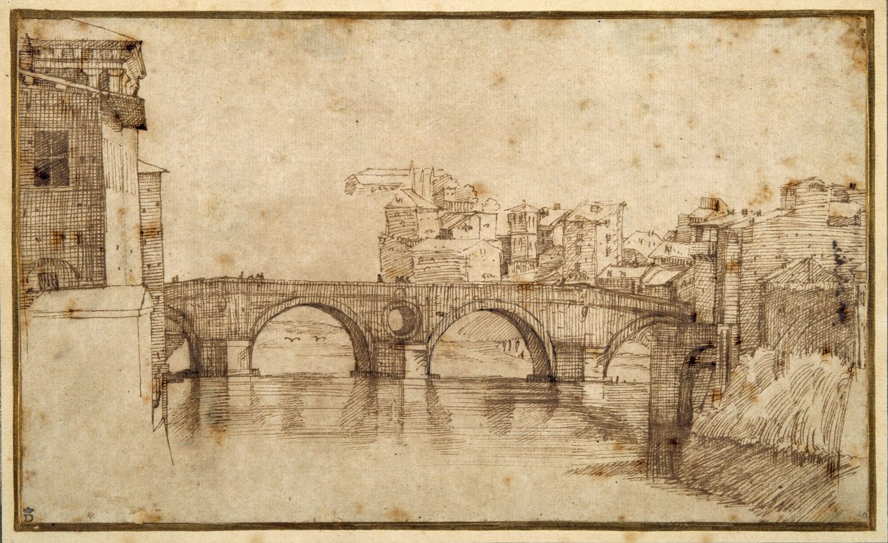 Isola Tiberina, Róma (toll és barna tinta papíron) alkotó: Agostino (attr. to) Carracci