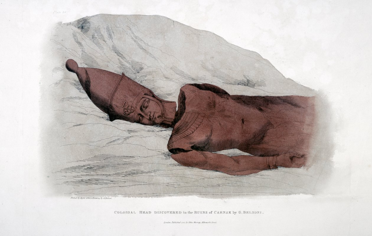 A kolosszális fejet Carnak romjaiban fedezte fel G Belzoni, 1820 alkotó: Agostino Aglio