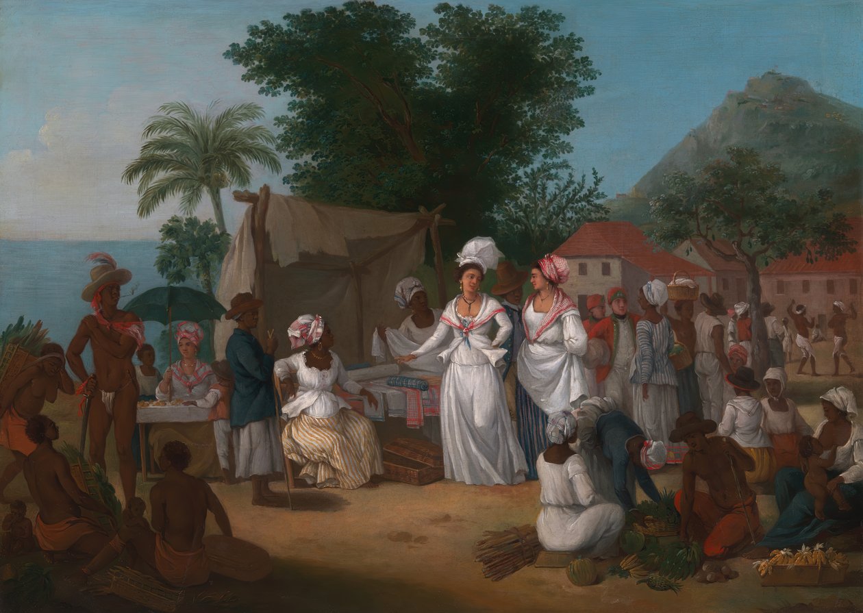 Egy vászonpiac vászonbódéval és zöldségárussal Nyugat-Indiában, kb. 1780. alkotó: Agostino Brunias