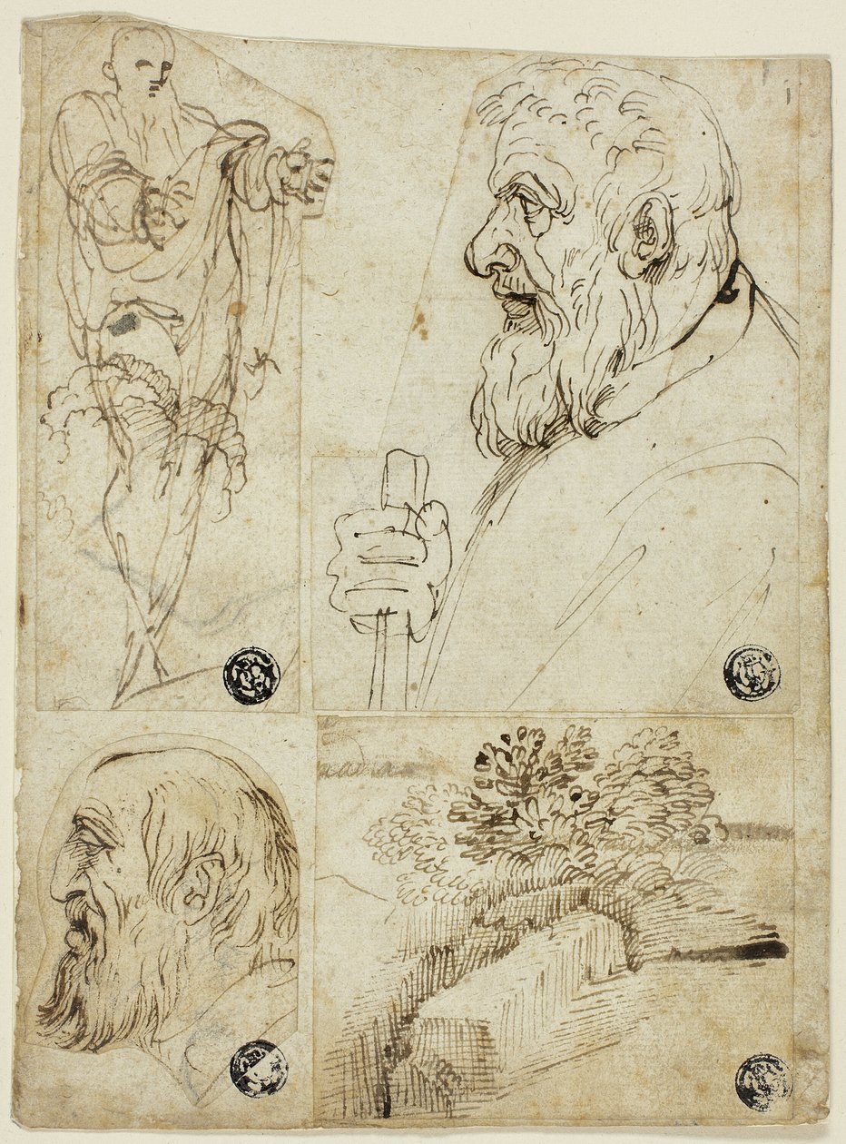 Négy vázlat: Szakállas férfi mellképe; Szakállas férfi fejének profilja; Tájkép. alkotó: Agostino Carracci