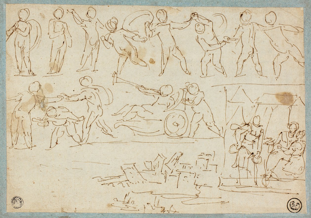 Putti fríze, Lot és lányai vázlata, Épületvázlat alkotó: Agostino Carracci
