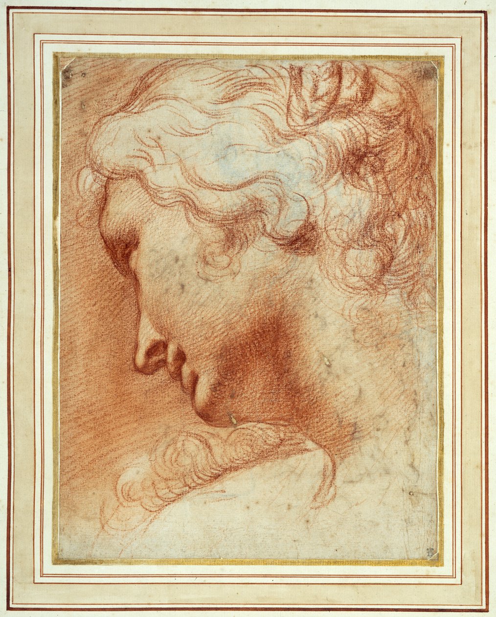 Egy fiatal nő feje lenéz a jobb válla fölött (piros kréta papíron) alkotó: Agostino Carracci