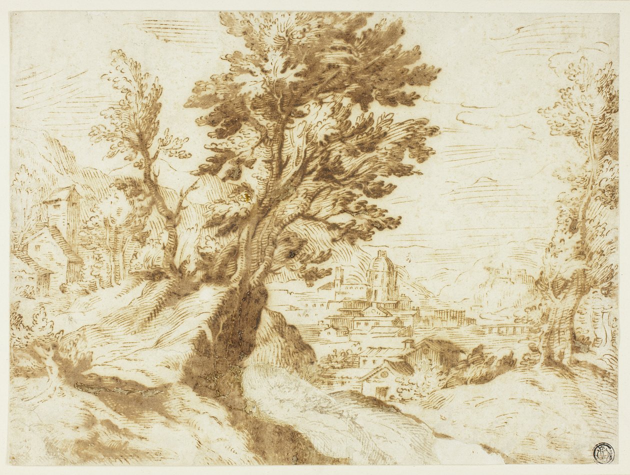 Dombos táj a várossal a távolban alkotó: Agostino Carracci