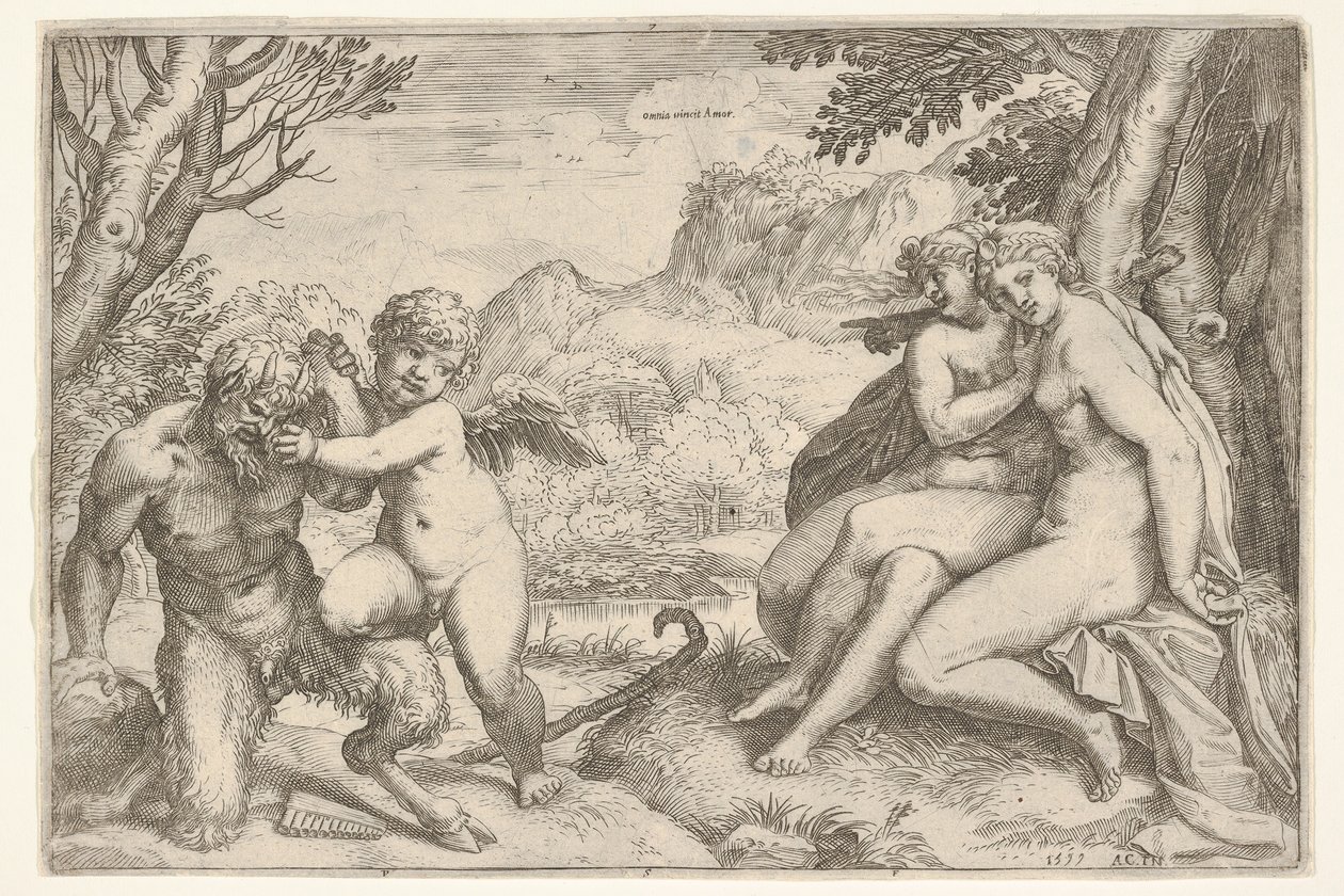 A szerelem mindent legyőz Omnia vincit Amor, a szatírral vívott harcban Amor elhelyezi jobb kn..., 1599. alkotó: Agostino Carracci