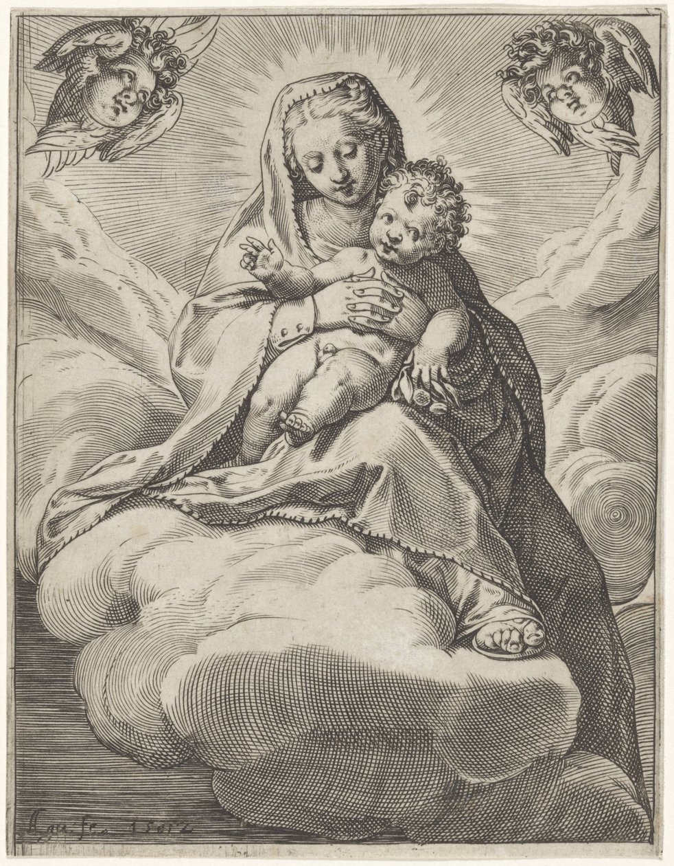Mária gyermekével a felhőkben alkotó: Agostino Carracci