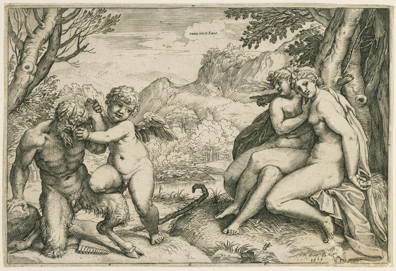 Omnia vincit Amor (Amor legyőzi Pan-t; jobbra két nimfa egy fa alatt, tájképben) alkotó: Agostino Carracci