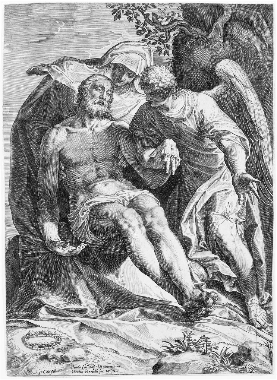 Pieta, Krisztus, akit a Szűzanya és egy angyal támogat a jobb oldalon, 1582. alkotó: Agostino Carracci