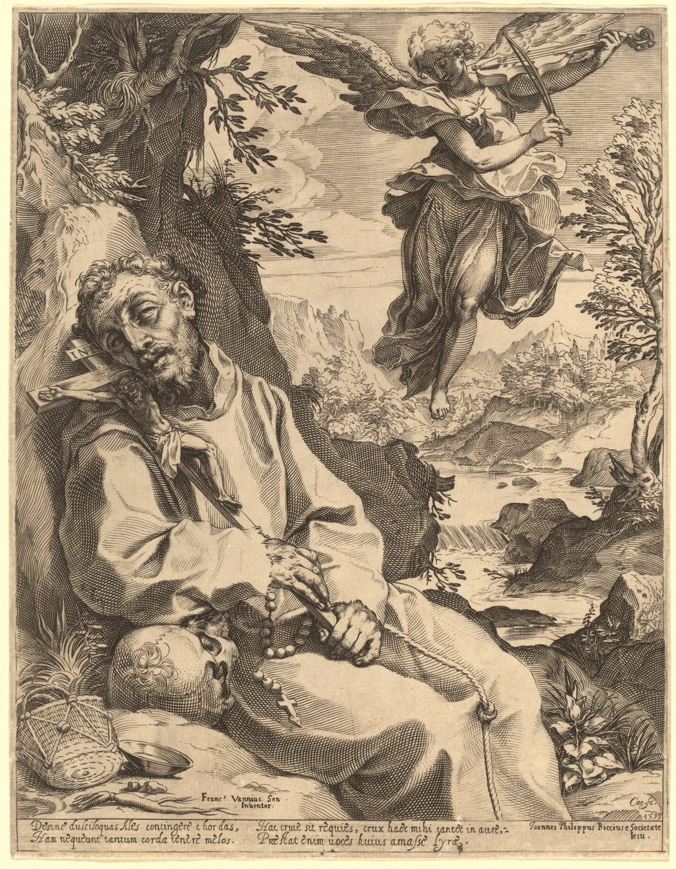 Szent Ferencet vigasztaló zenélő angyal alkotó: Agostino Carracci