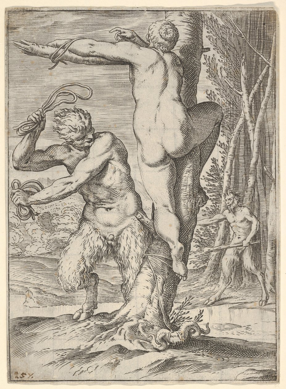 Szatír ostor egy nimfát, akit hátulról mutatnak és egy fához kötöznek, egy második szatírt..., kb. 1590-95. alkotó: Agostino Carracci