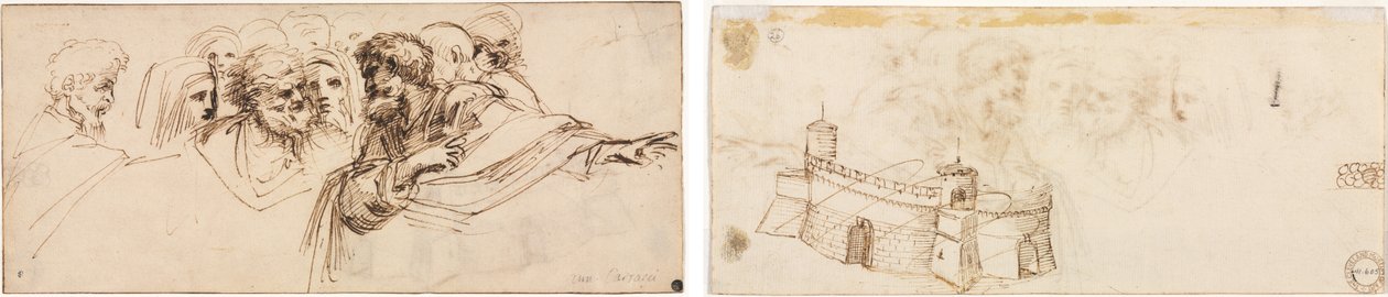 Tanulmány a fejekről (recto); Crenelated erőd (fordítva) alkotó: Agostino Carracci