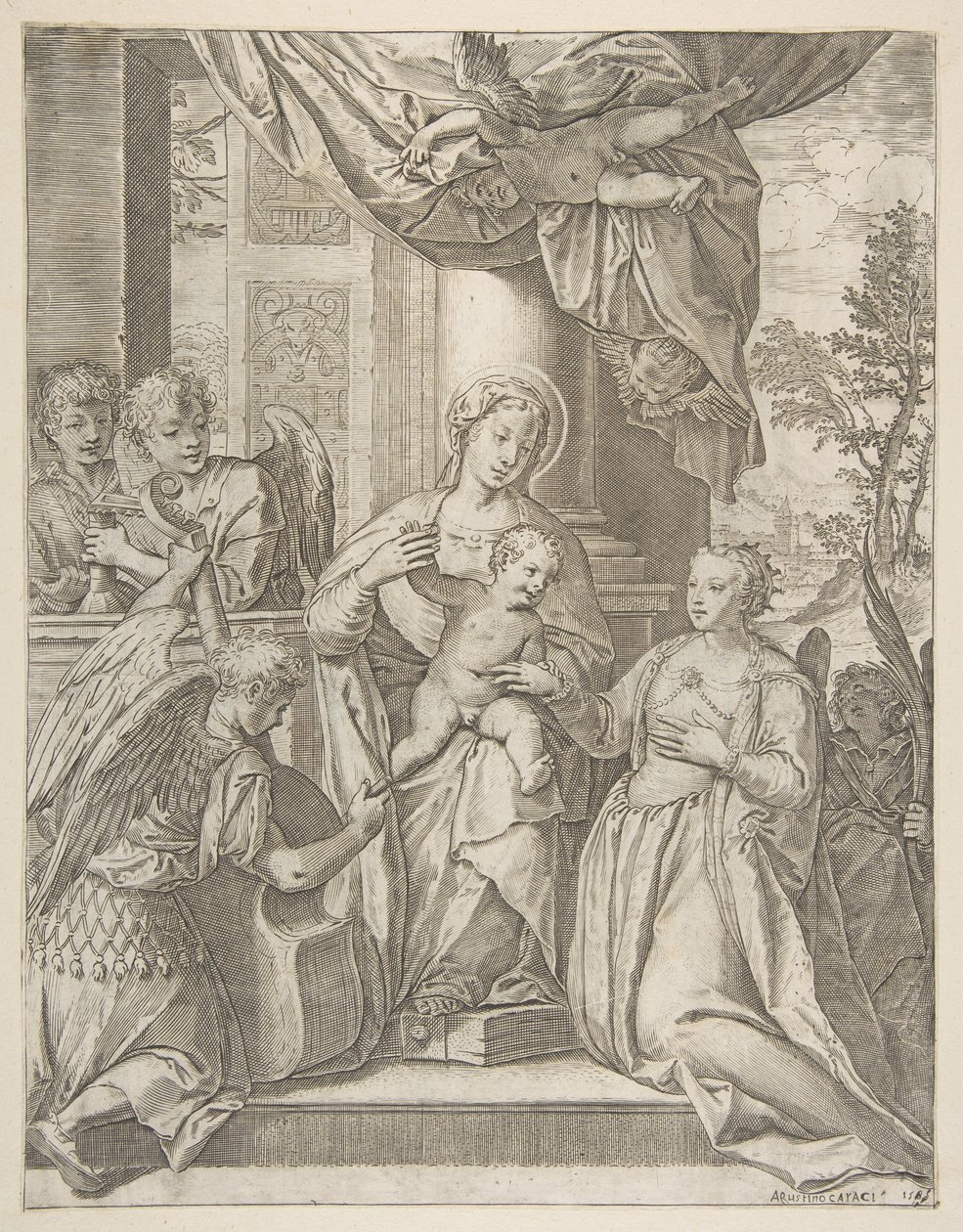 Szent Katalin misztikus házassága, aki a középpontban ül a Krisztus gyermekével, angyalaival, 1585. alkotó: Agostino Carracci