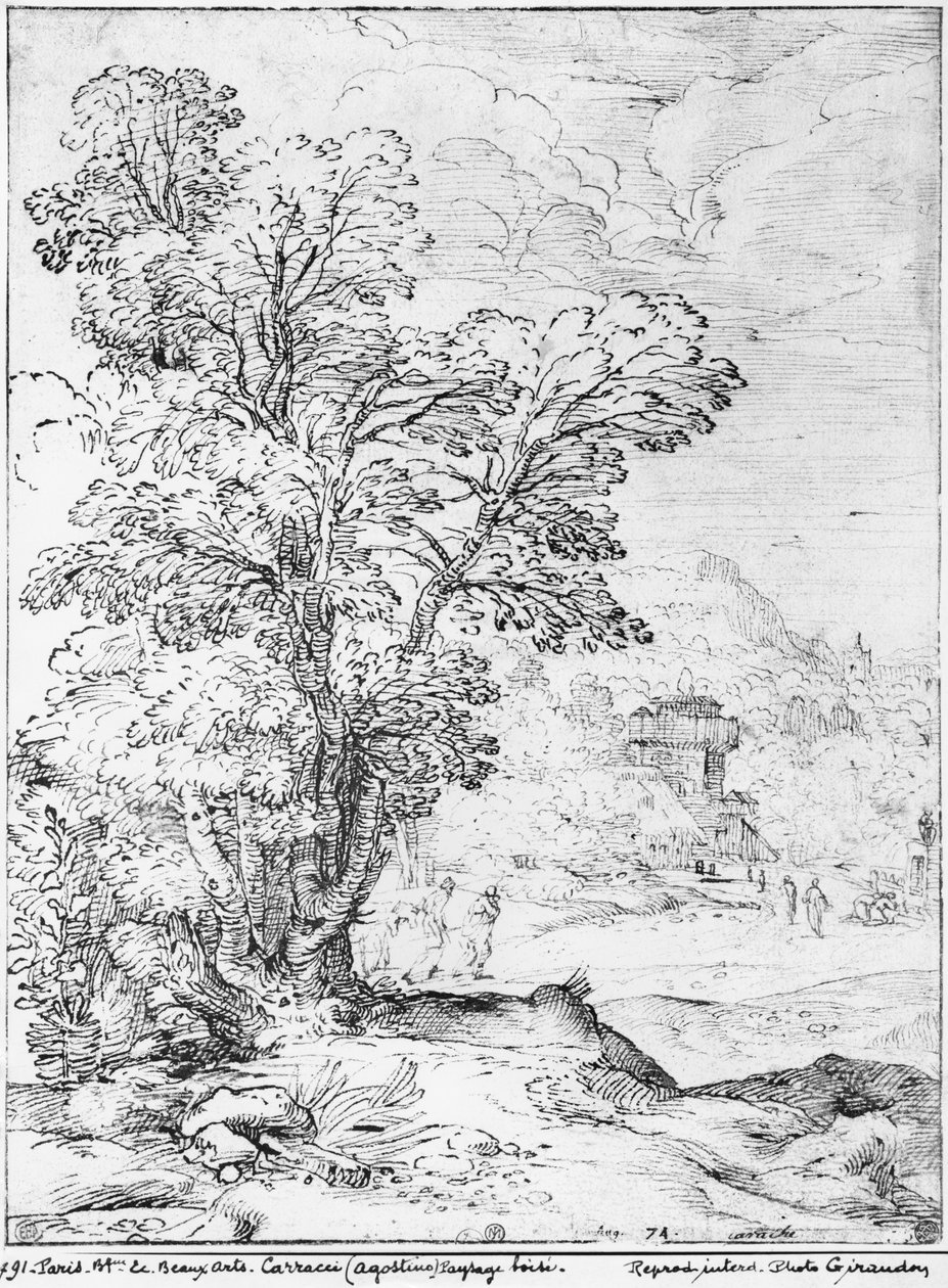 Erdős táj (toll és tinta papíron) (bw fotó) alkotó: Agostino Carracci