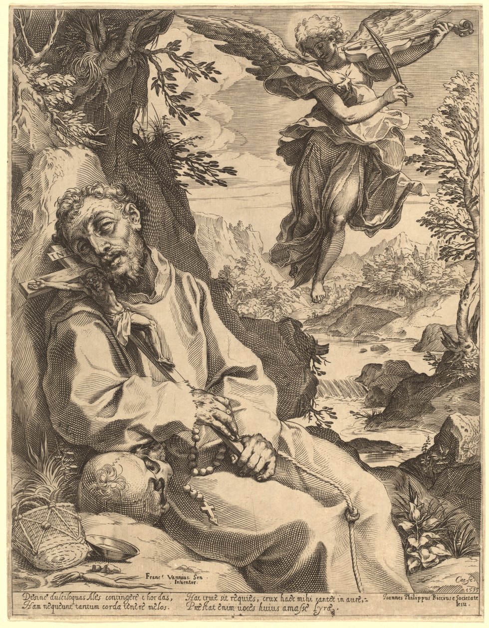 Szent Ferencet a muzsikus angyal vigasztalja alkotó: Agostino Carracci after Francesco Vanni