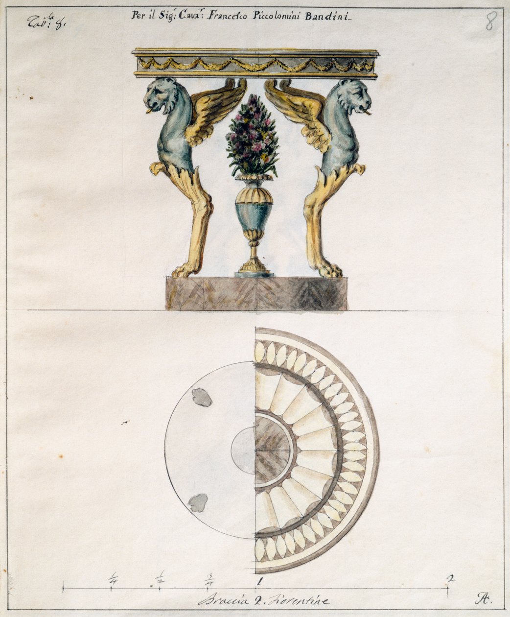 Dohányzóasztal, amelyet Agostino Fantastici (1782-1845) tervezett Francesco Piccolomini Bandini számára, rajz, Olaszország alkotó: Agostino Fantastici