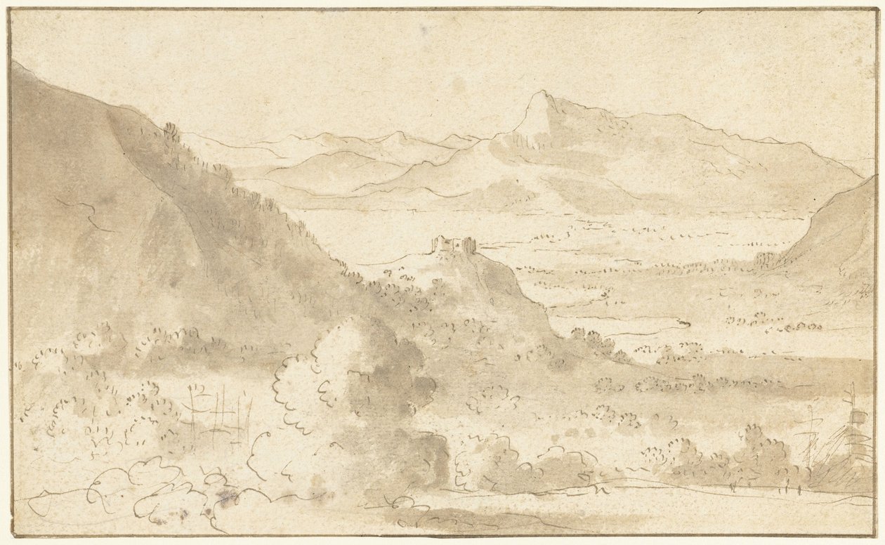 Hegyi táj tóval és kastéllyal alkotó: Agostino Tassi (possibly)