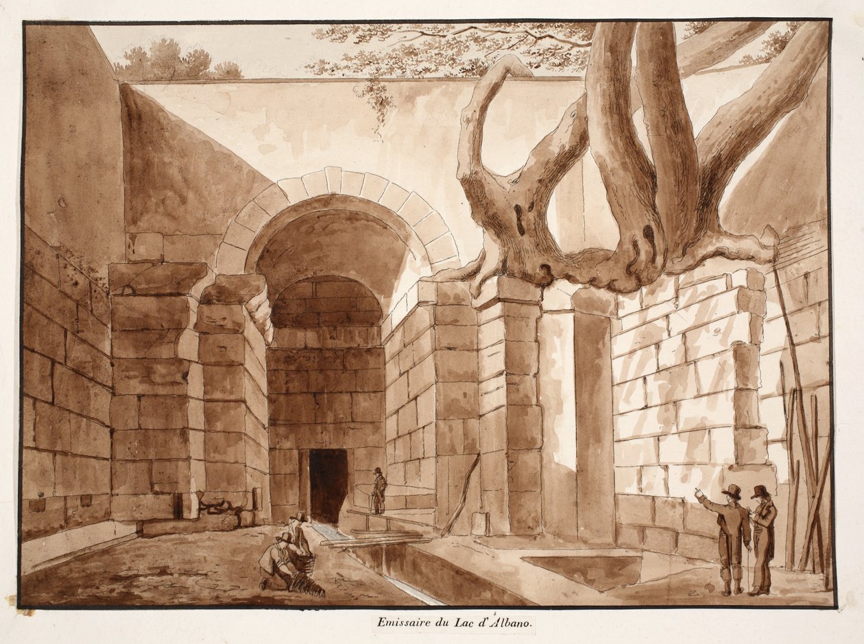 Az Albano-tó Emissariuma, 1833 (barna mosással készült rézkarc) alkotó: Agostino Tofanelli