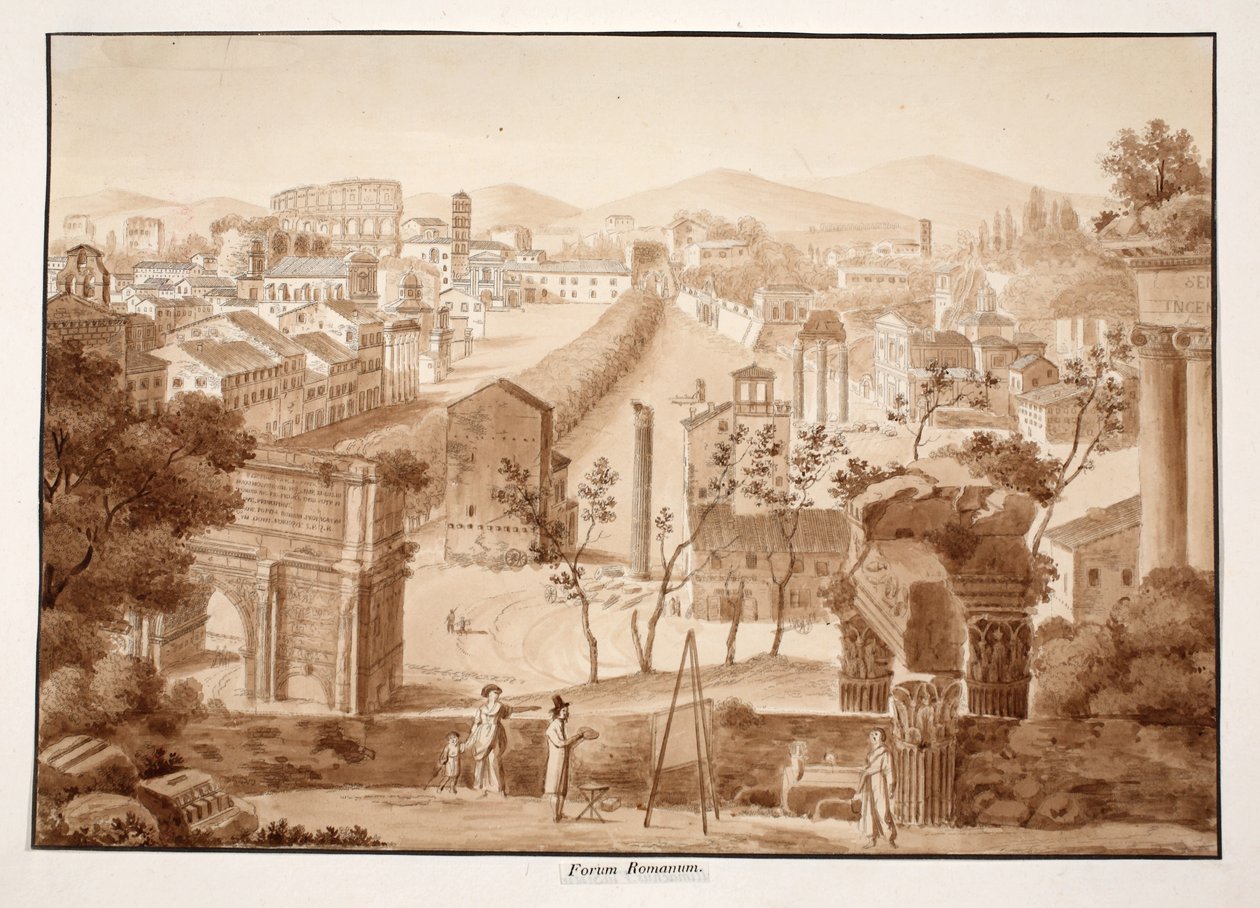 Forum Romanum, 1833 (rézkarc barna mosással) alkotó: Agostino Tofanelli