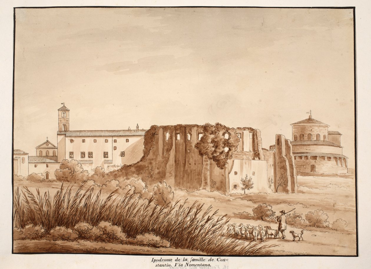 A Konstantin család hippodromja, Via Nomentana, 1833 (metszet barna mosással) alkotó: Agostino Tofanelli