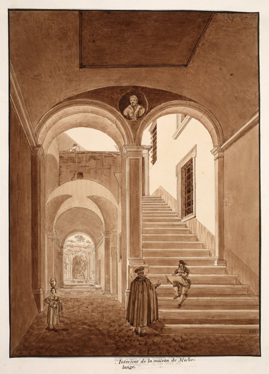 Michelangelo házának belseje, 1833 (rézkarc barna mosással) alkotó: Agostino Tofanelli