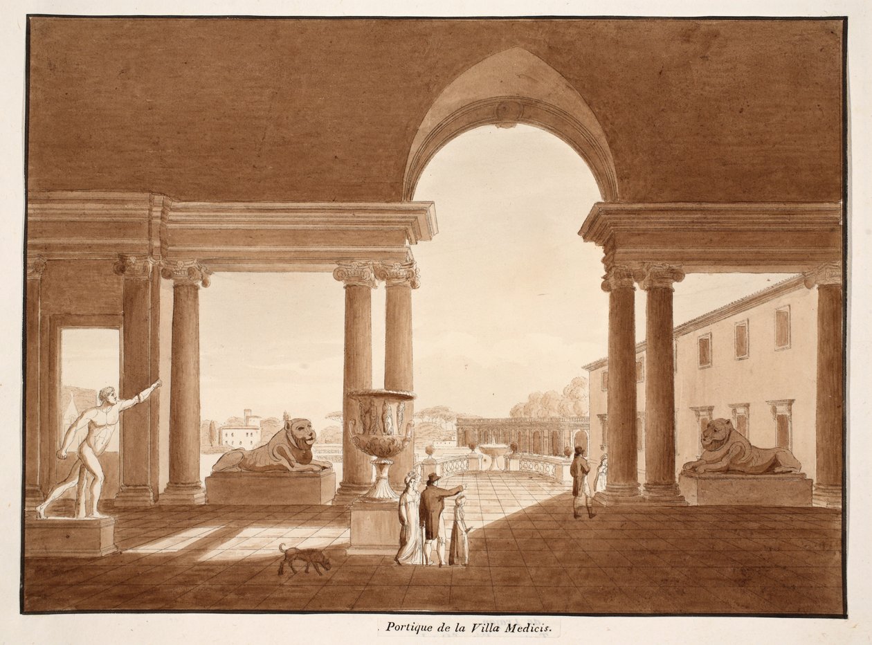 A Villa Medici portikusa, 1833 (barna mosással készült rézkarc) alkotó: Agostino Tofanelli
