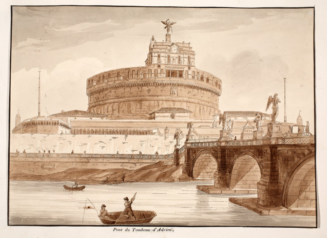 Hadrianus sírjának hídja, 1833 (barna mosással készült rézkarc) alkotó: Agostino Tofanelli