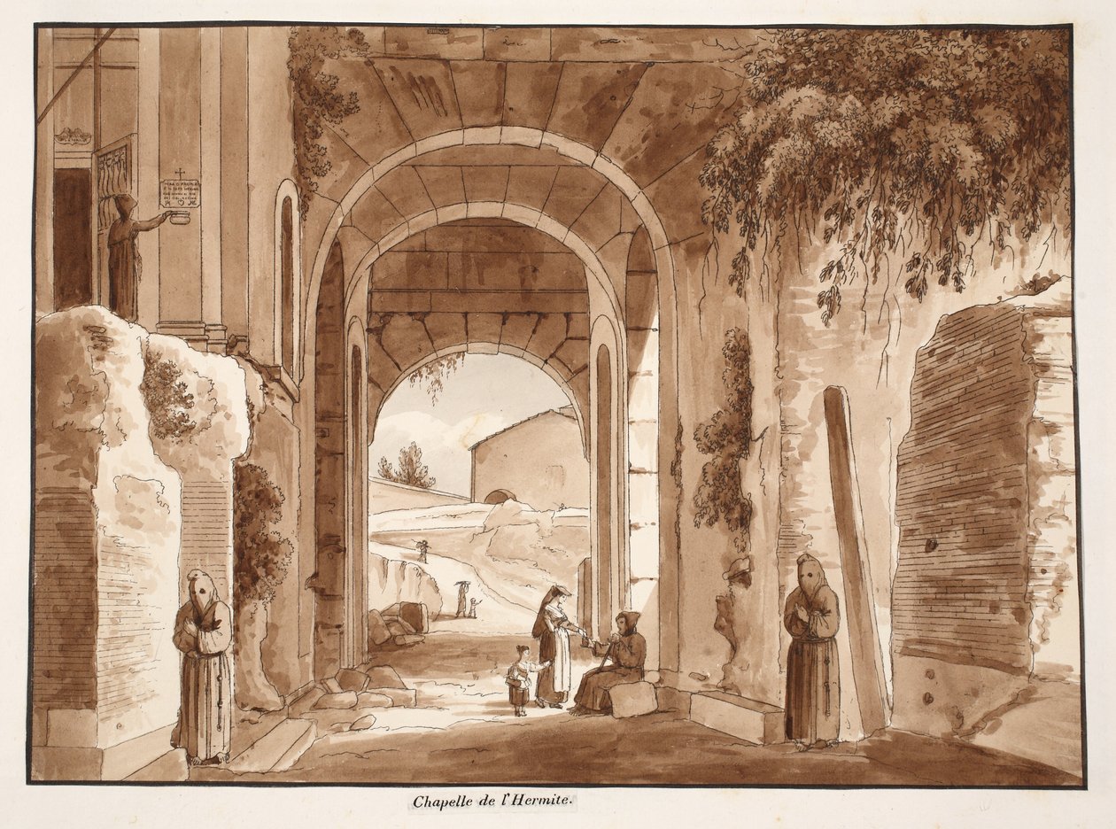 Remete kápolna a Colosseumban, 1833 (rézkarc barna mosással) alkotó: Agostino Tofanelli