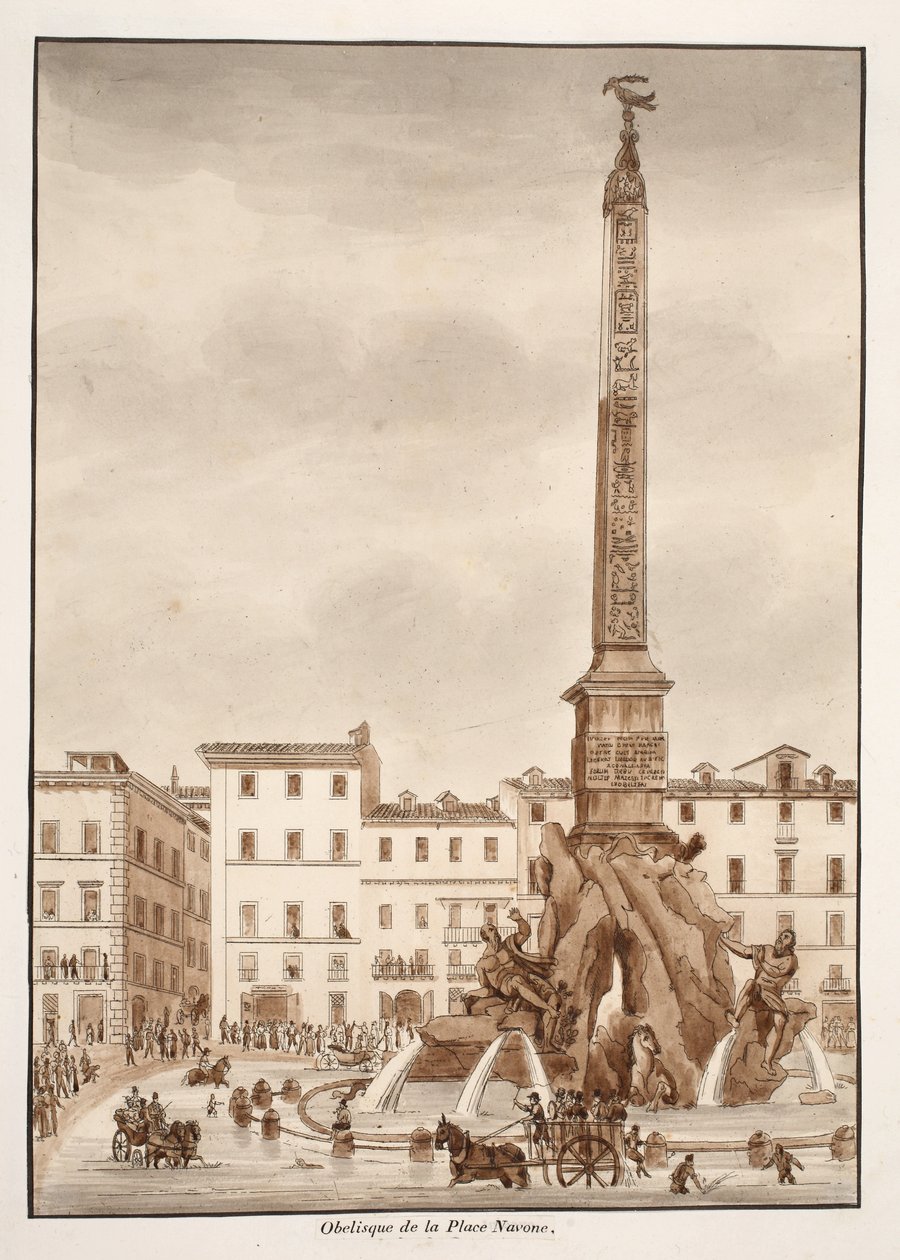 A Piazza Navona obeliszk, 1833 (rézkarc barna mosással) alkotó: Agostino Tofanelli