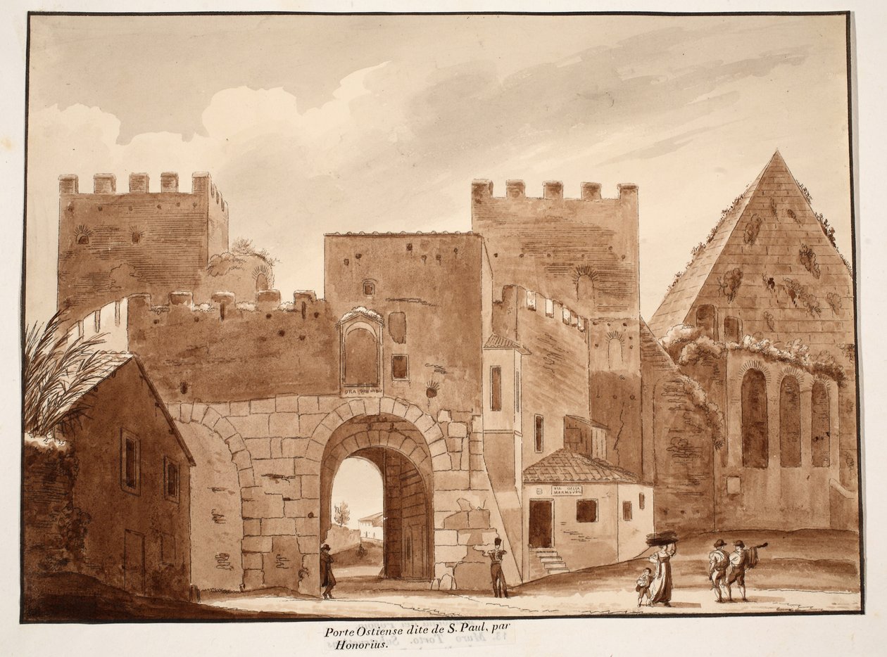 A Porta Ostiensis vagy San Paolo, Honorius építette, 1833 (barna mosással maratva) alkotó: Agostino Tofanelli
