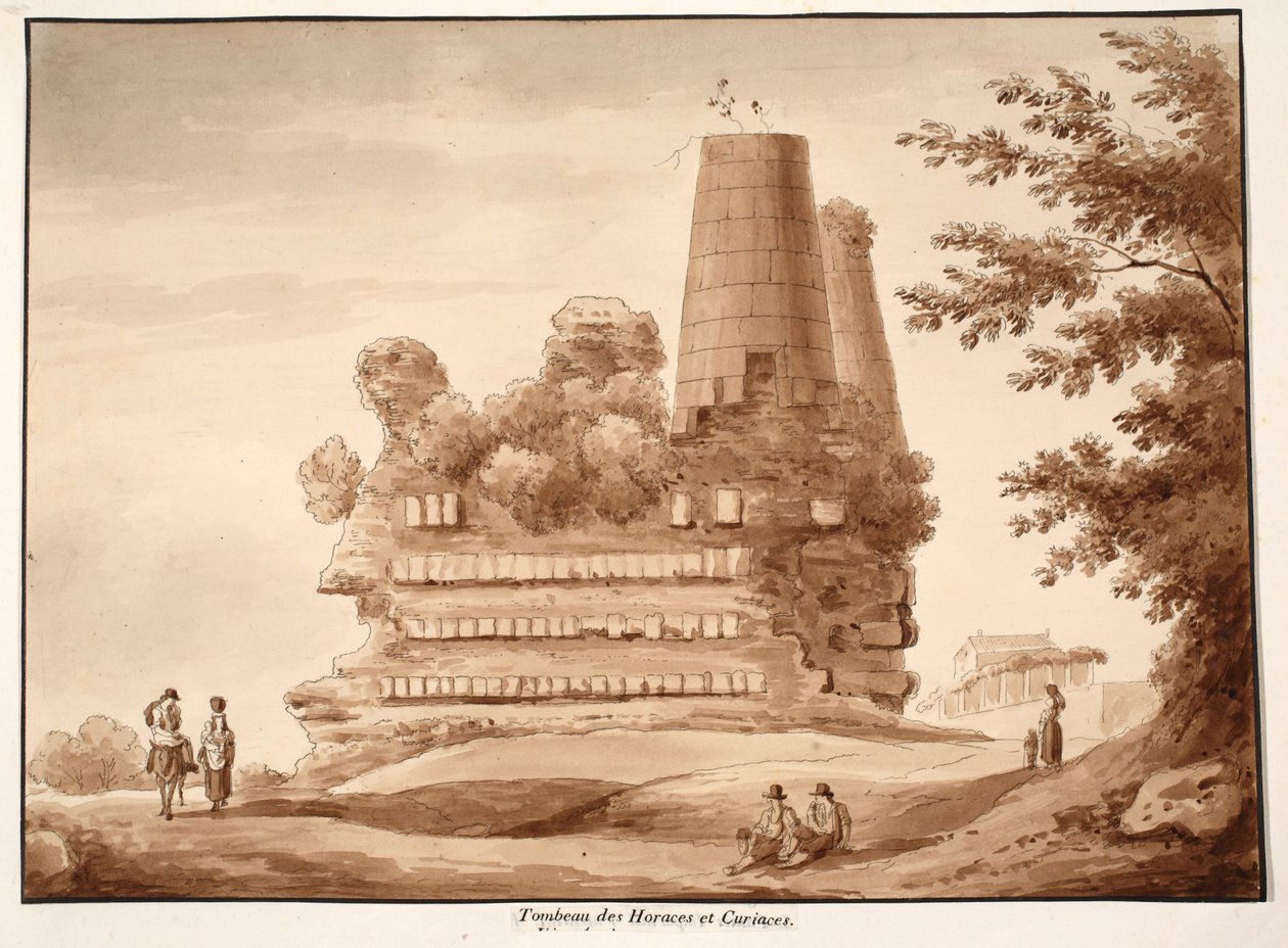 Horatii és Curiatii sírja, 1833 (barna mosással készült rézkarc) alkotó: Agostino Tofanelli