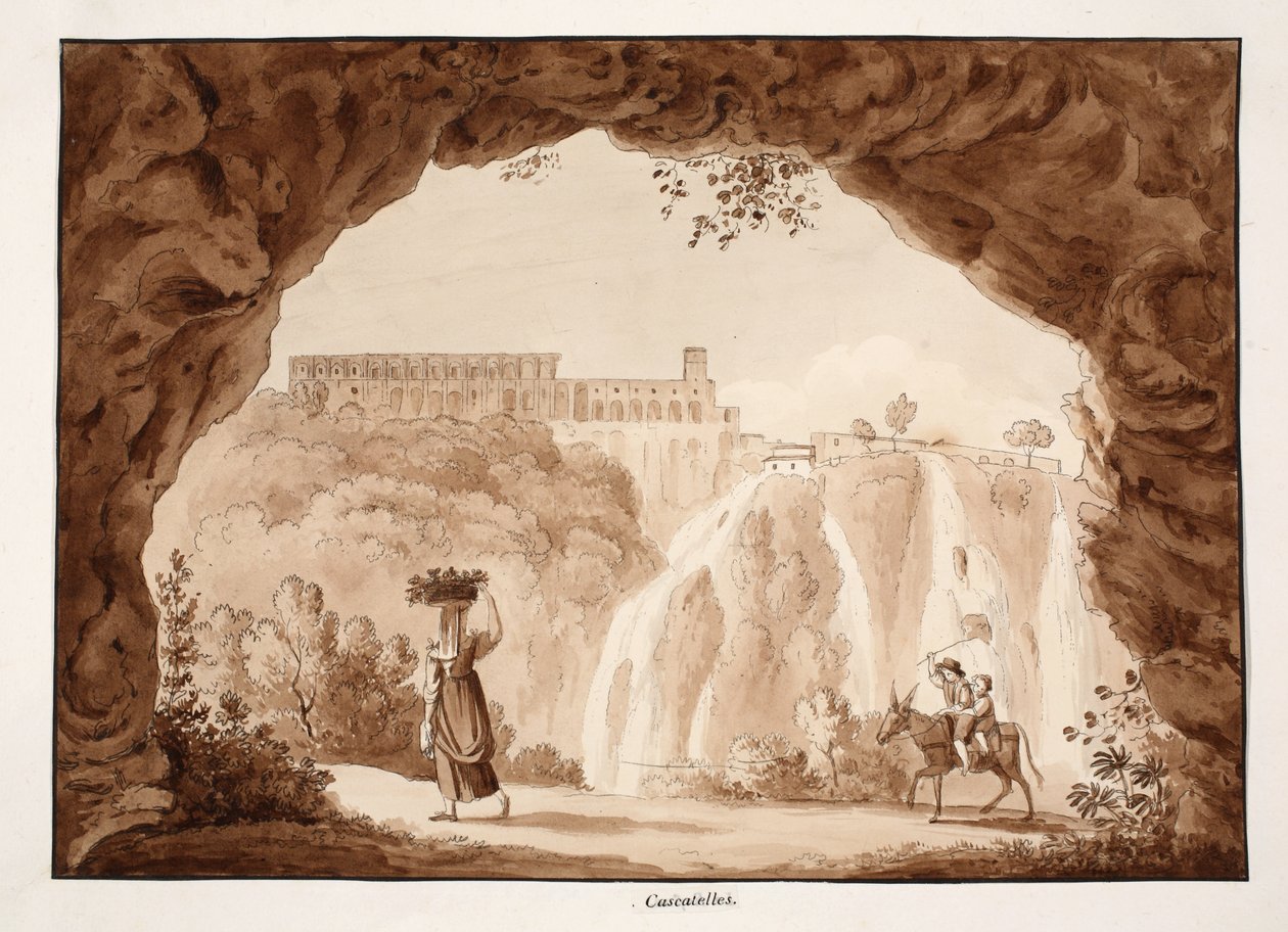 A Tivoli vízesései, 1833 (barna mosású rézkarc) alkotó: Agostino Tofanelli